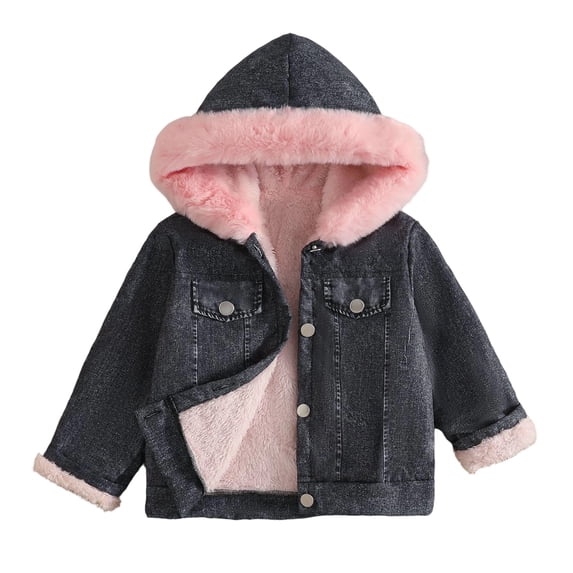 Mnyotv Girls Hooded Fleece-Lined Denim Jackets Outwear Long Sleeve Plush Coats Fall Winter Clothes for Little Girl Size 12-18 Months