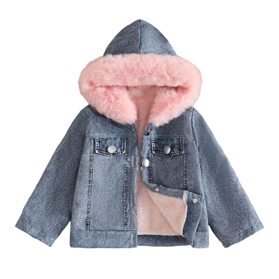 Mnyotv Girls Hooded Fleece-Lined Denim Jackets Outwear Long Sleeve Plush Coats Fall Winter Clothes for Little Girl Size 2-3 Years