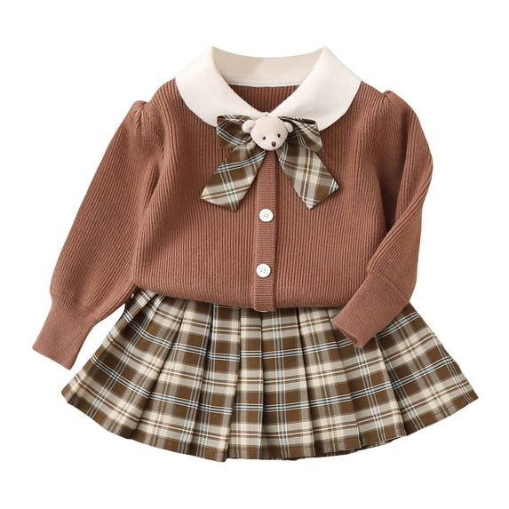 Mnyotv Girls' Knitted Suit Long Sleeve Sweater Top Skirts 2Pcs Matching Set School Uniform Outfits Size 90