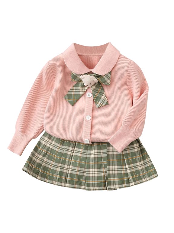Girls' Knitted Suit Long Sleeve Sweater Top Skirts 2Pcs Matching Set School Uniform Outfits Size 90