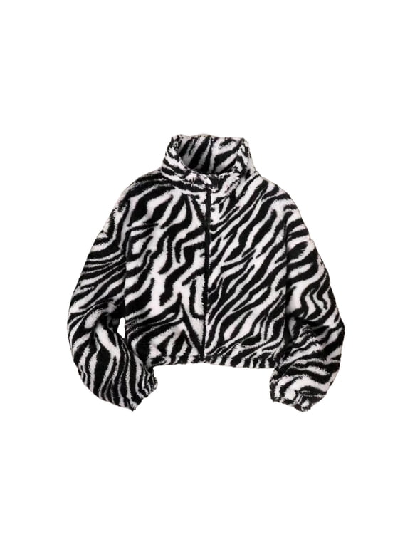 Girls Plush Jackets Zebra Printed Long Sleeve Warm Cardigan Coats Little Girls Puff Jacket Size 7-8 Years