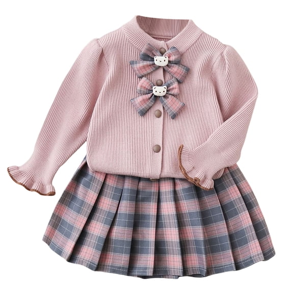 Mnyotv Girls Two Piece Matching Sets Back to School Outfits Long Sleeve Bow Sweaters and Uniform Skirts Size 2-3Years