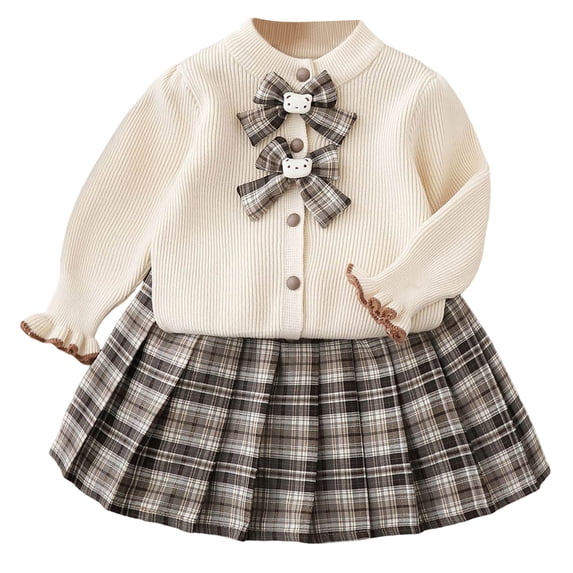 Mnyotv Girls Two Piece Matching Sets Back to School Outfits Long Sleeve Bow Sweaters and Uniform Skirts Size 6-7Years