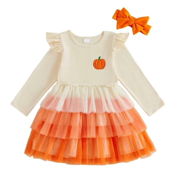 Mnyotv Halloween Outfit for Girls Long Sleeve Mesh Dresses with Headbands Cute Pumpkin Printed Thanksgiving Clothes Size 4-5 Years