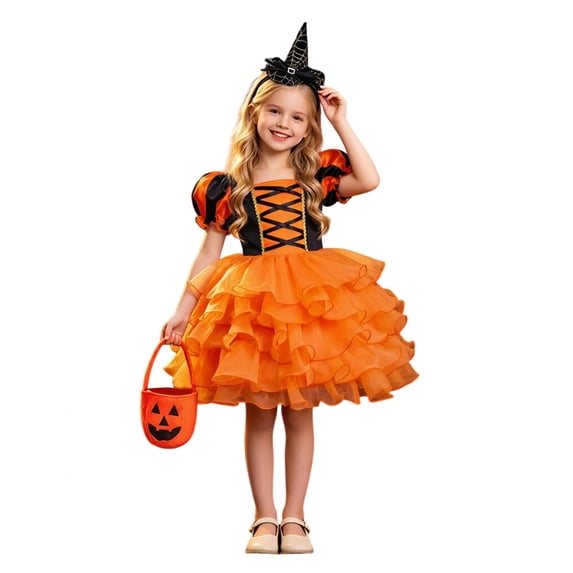 Mnyotv Halloween Outfits Girls Short Sleeve Mesh Dress with Witch Hats and Pumpkin Buckets Party Clothes Size 3-4Y