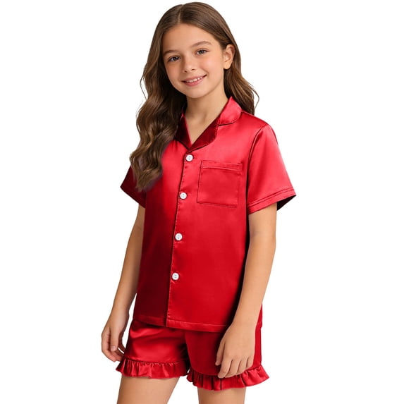 Mnyotv Kids Unisex Satin Pajamas Ruffled Sleeve Button Down Sleepwear Toddler Pajama Set for Home Size 13-14 Years