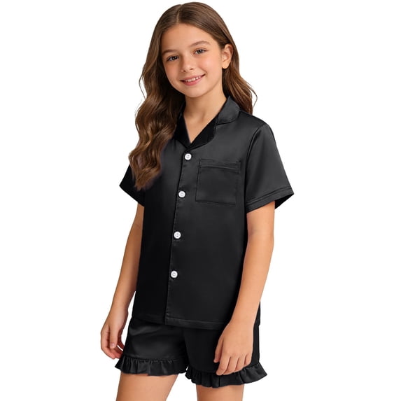 Mnyotv Kids Unisex Satin Pajamas Ruffled Sleeve Button Down Sleepwear Toddler Pajama Set for Home Size 13-14 Years