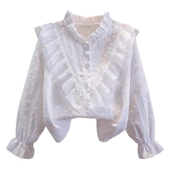 Mnyotv Lace Ruffle T Shirts for Girls Long Sleeve School Uniform Button Down Shirt Long Sleeve Kids Outfits Size 10-11Y