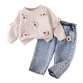 thumbnail image 1 of Mnyotv Little Girls Fall Outfits Crochet Flowers Long Sleeve Pullover Tops and Jeans Pants with Pockets Size 18-24Months, 1 of 5