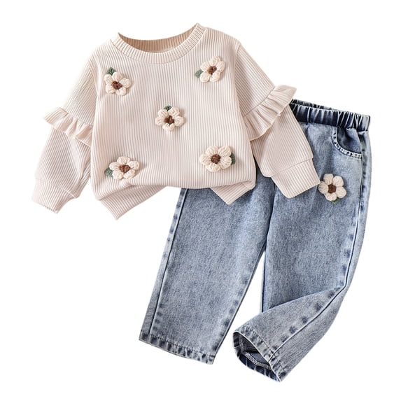 Mnyotv Little Girls Fall Outfits Crochet Flowers Long Sleeve Pullover Tops and Jeans Pants with Pockets Size 18-24Months