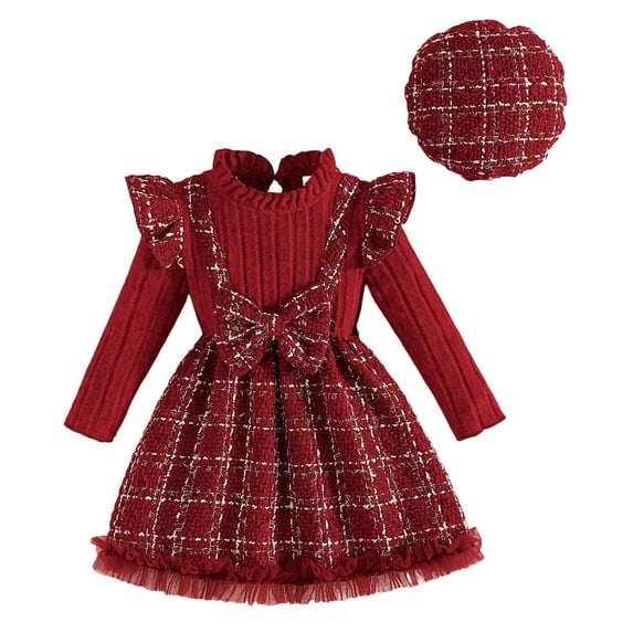 Mnyotv Long Sleeve Dress for Girls with Beret Hats Christmas Sweater Dresses Two Piece Set Toddler Winter Outfits Size 2-3Y