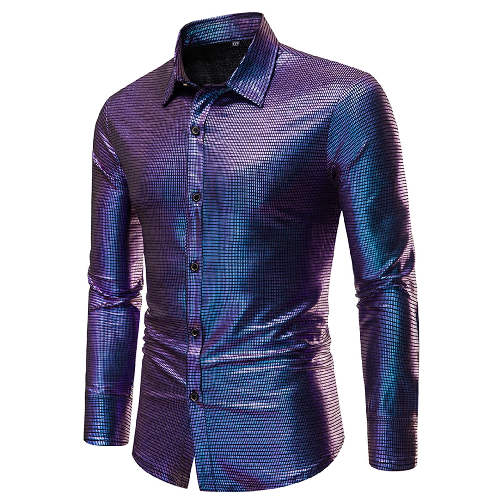Mnyotv Mens Casual Long Sleeve Button Down Shirts Womens Long Sleeve Tops Mens 70s Disco Party Gold Silver Multicolour Rainbow Plaid Sequins Print Long Sleeve Button Down Shirts Blue XL Walmart