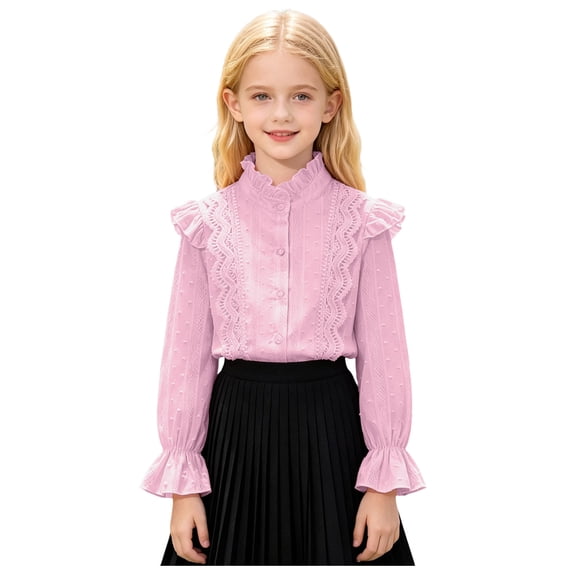 Mnyotv School Outfits for Girls Classic Uniform Shirts Ruffle Long Sleeve Button Down Shirt Kids Fall Clothes Tops Size 4-5Y