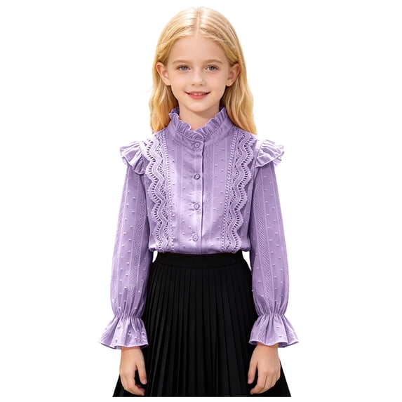 Mnyotv School Outfits for Girls Classic Uniform Shirts Ruffle Long Sleeve Button Down Shirt Kids Fall Clothes Tops Size 5-6Y