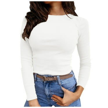 Mnyotv Summer Blouses for Women Womens Long Sleeve Stretch Crewneck Ribbed T Shirt Fitted Casual Basic Tops White M