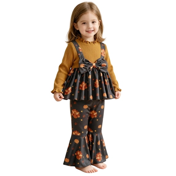 Mnyotv Toddler Baby Girl Fall Clothes Floral Dress Shirts and Flared Pants with Headbands 3Pcs Thanksgiving Outfits Size 2-3 Years