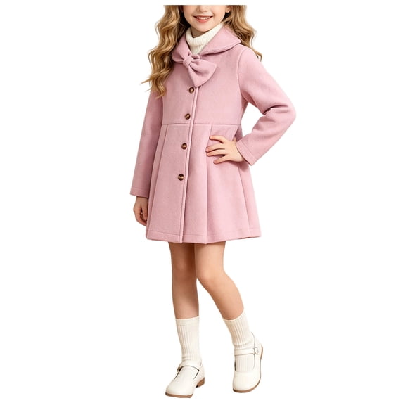 Mnyotv Toddler Girls Dress Coat with Bow Outerwear Long Sleeve Button Mid-Length Jacket Size 12-18 Months