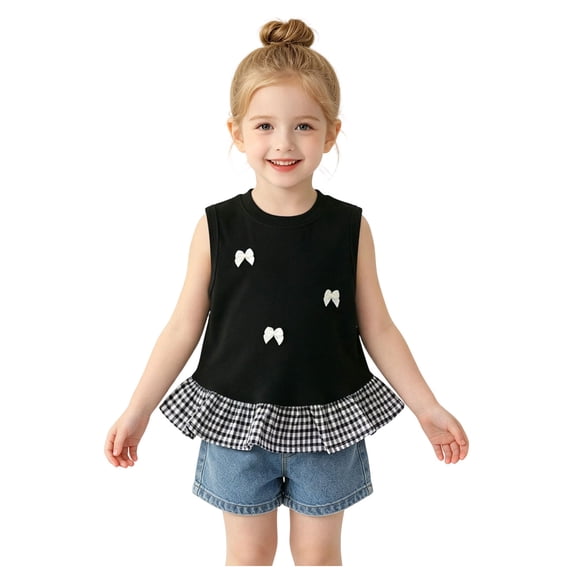 Mnyotv Toddler Girls Summer Clothes Ruffle Hem Sleeveless Tank Tops with Bowknots Casual Crewneck T Shirts Size 3-4 Years