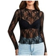 thumbnail image 1 of Mnyotv Womens Tee Shirts Women's Mesh Top Long Sleeve Neck Sheer Blouse See Through Floral Lace Tops Black XL, 1 of 1