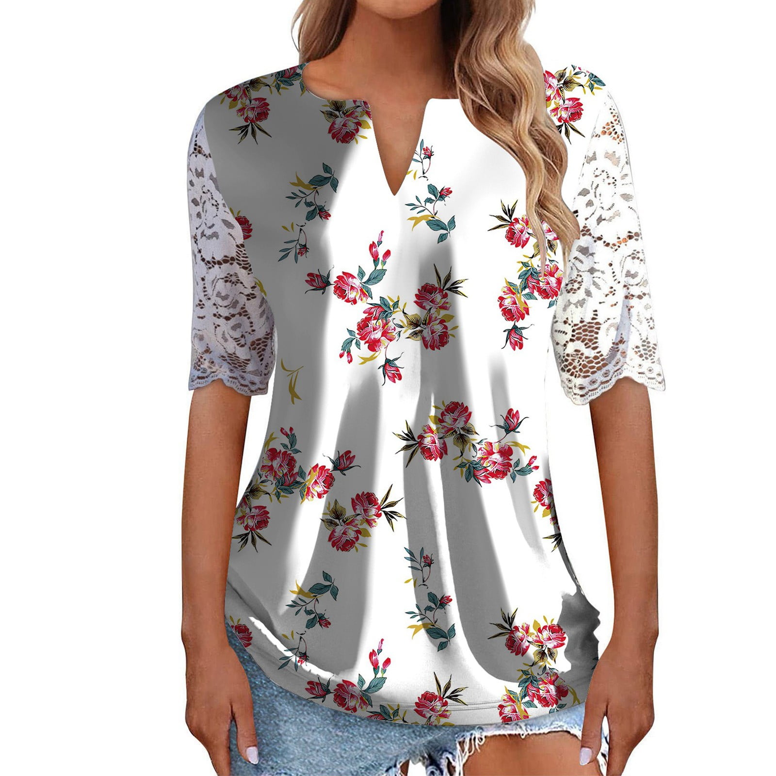 DRESSTELLS Women's Summer Lace Blouse - Short Sleeve V-Neck Button Down Knit Top - View #9