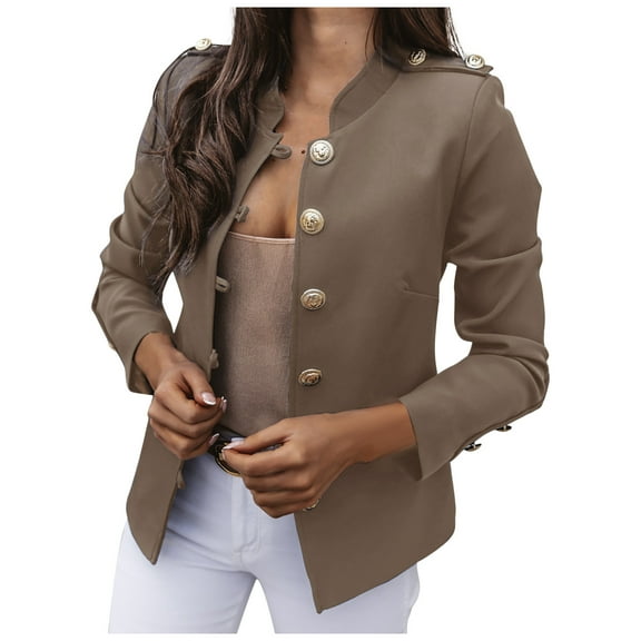 Mnyycxen Blazer Jackets for Womens Mock Neck Button Long Sleeve Jacket Business Casual Open Front Suit Coats