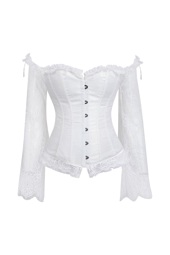 Corset Tops for Women with Long Sleeves Lace Up Vintage Steampunk Bustier Overbust Ruffle Trim Cold Shoulder Bodice