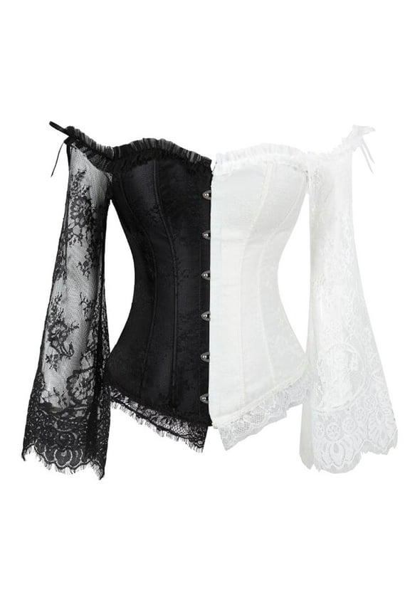 Corset Tops for Women with Long Sleeves Lace Up Vintage Steampunk Bustier Overbust Ruffle Trim Cold Shoulder Bodice