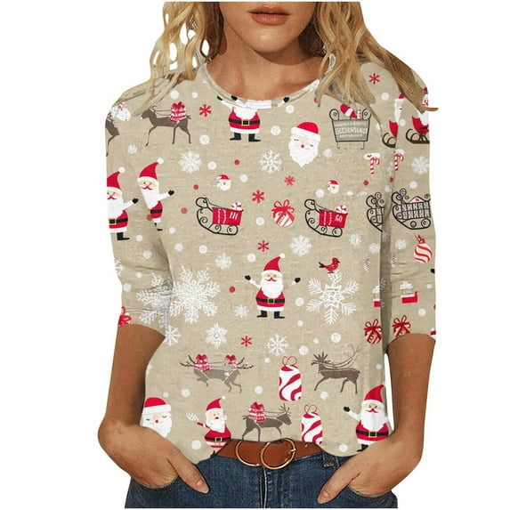 Mnyycxen Halloween Shirts for Women Christmas Tree Printed 3/4 Sleeve Crewneck Tunic Blouse Casual Fall Trendy Pullover