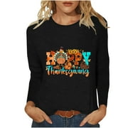 MNYYCXEN Happy Thanksgiving Shirts for Women Turkeys Long Sleeve Tops Crew Neck Pullover Blouse Casual Loose Tunic Tshirt