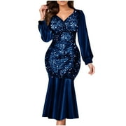 Mnyycxen Sequin Bodycon Dresses Sexy V-Neck Long Sleeve Midi Dresses Ruffled Flowy Hem Plus Size Evening Dress