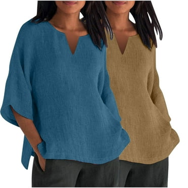 Mnyycxen Women 2 PC Cotton Linen Tops Side Slit 3/4 Length Sleeve V Neck Blouse Baggy Solid Flowy Pullover T-Shirt