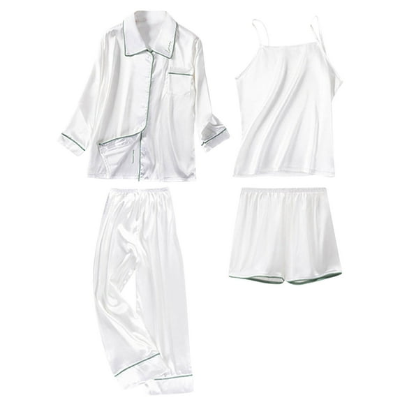 Mnyycxen Women 4 Piece Classic Satin Pajama Set Long Sleeve Button Shirt Cami Tops Pants Shorts Set Cozy Homewear