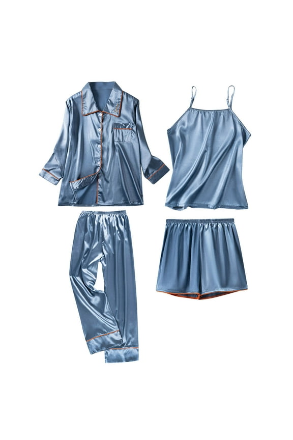 Women 4 Piece Classic Satin Pajama Set Long Sleeve Button Shirt Cami Tops Pants Shorts Set Cozy Homewear