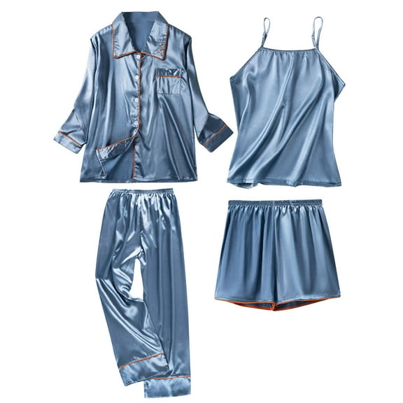 Mnyycxen Women 4 Piece Classic Satin Pajama Set Long Sleeve Button Shirt Cami Tops Pants Shorts Set Cozy Homewear