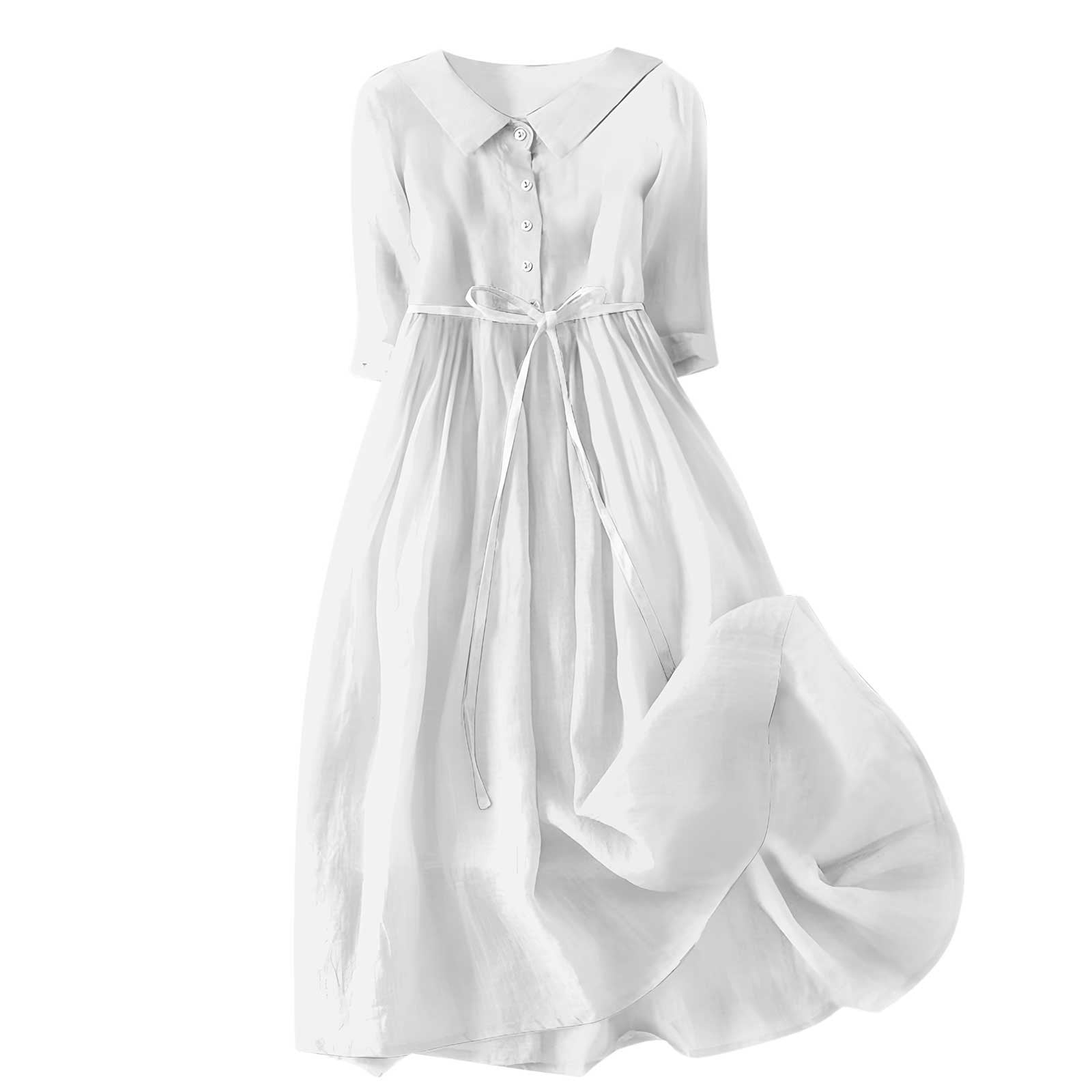 Mnyycxen Women Bohemian Cotton Linen Dresses 3/4 Sleeve Maxi Long Dress Plain Classic Dresses Trendy Boho Dresses with Belt