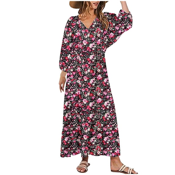 Mnyycxen Women Boho Floral Printed Maxi Dresses V Neck Long Sleeve Tie Beach Dress Smocked Layer Flowy Dresses