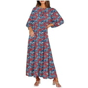 MNYYCXEN Women Boho Floral Printed Maxi Dresses V Neck Long Sleeve Tie Beach Dress Smocked Layer Flowy Dresses