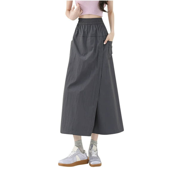 Mnyycxen Women Chiffon Wide Leg Pant Skirt Casual Straight Pants Skirt Elastic HIgh Waist Pant Skirt with Pockets