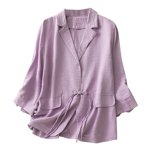 Mnyycxen Women Cotton Linen Button Down Blazer Long Sleeve Lapel Solid Suit Jackets Lightweight Casual Coats with Pockets
