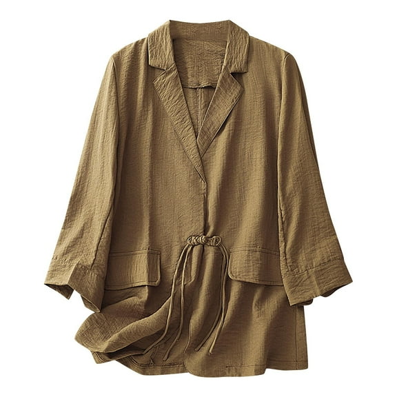 Mnyycxen Women Cotton Linen Button Down Blazer Long Sleeve Lapel Solid Suit Jackets Lightweight Casual Coats with Pockets