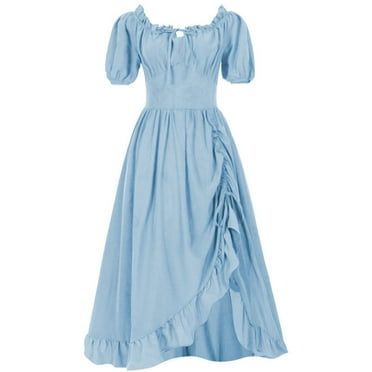 Mnyycxen Women Cotton Victorian A-line Dress Puff Sleeve Drawstring Ruffle Solid Long Dresses Double Layer High Waist Ball Gown