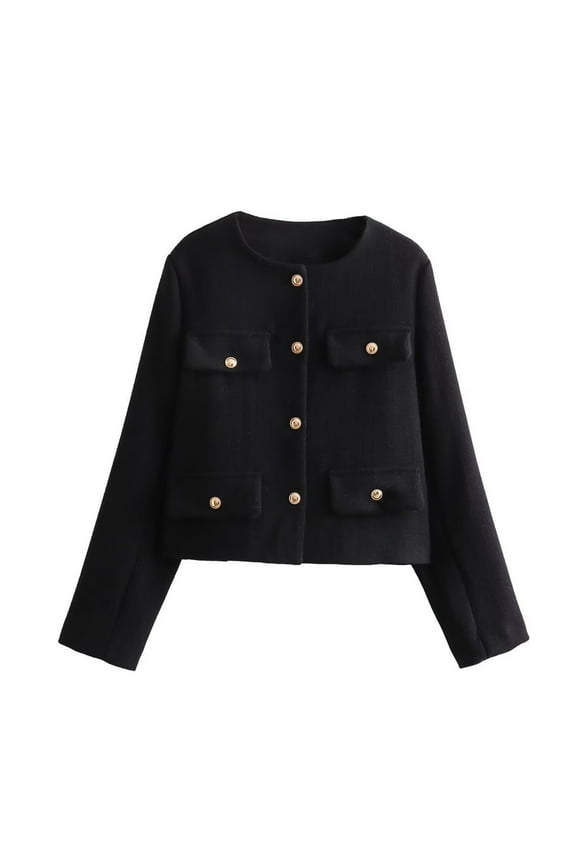 Women Crop Tweed Blazer Jacket Collarless Open Front Button Down Coat Business Work Suit with Pockets