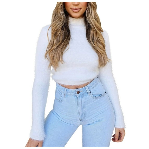 Mnyycxen Women Furry Turtleneck Sweater Solid Color Long Sleeve Slim Fit Pullover Casual Thicken Warm Cropped Top