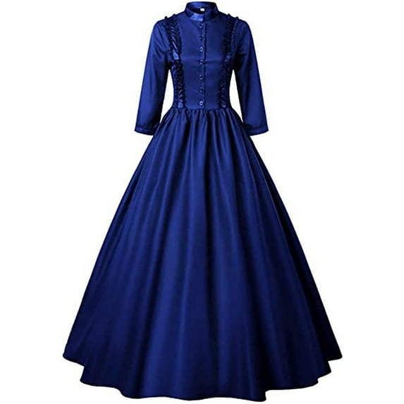 Mnyycxen Women Gothic Victorian Dresses Solid Long Sleeve Button A-line Dress Lace Pleated Masquerade Maxi Dress