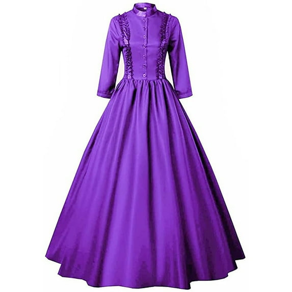 Mnyycxen Women Gothic Victorian Dresses Solid Long Sleeve Button A-line Dress Lace Pleated Masquerade Maxi Dress