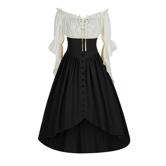 Mnyycxen Women Halloween Medieval Dresses Half Sleeve Off Shoulder Button Maxi Dresses High Low Hem Ruffle A-line Dress