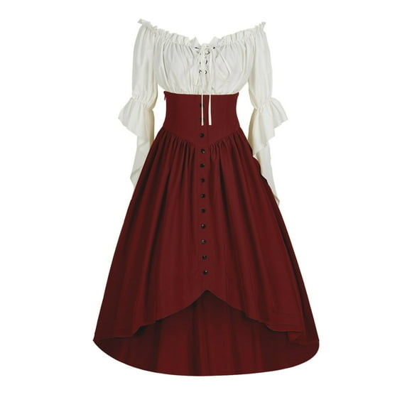 Mnyycxen Women Halloween Medieval Dresses Half Sleeve Off Shoulder Button Maxi Dresses High Low Hem Ruffle A-line Dress