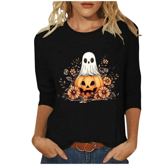 Mnyycxen Women Halloween Shirts Cute Heart Ghost Prints 3/4 Sleeves T-Shirt Round Neck Causel Loose Pullover Tees