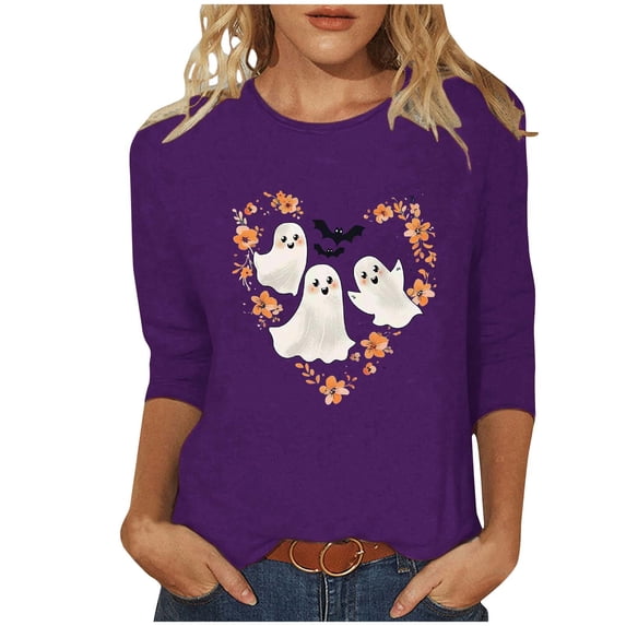 Mnyycxen Women Halloween Shirts Cute Heart Ghost Prints 3/4 Sleeves T-Shirt Round Neck Causel Loose Pullover Tees