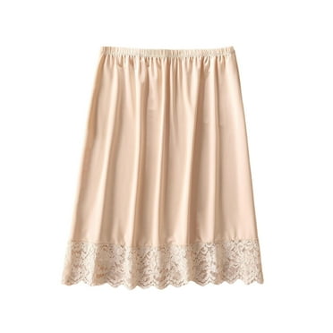 Mnyycxen Women Solid Color Trim Lace Half Skirts Pleated A-line Layering Underskirt Causel Loose Knee Length Midi Skirt